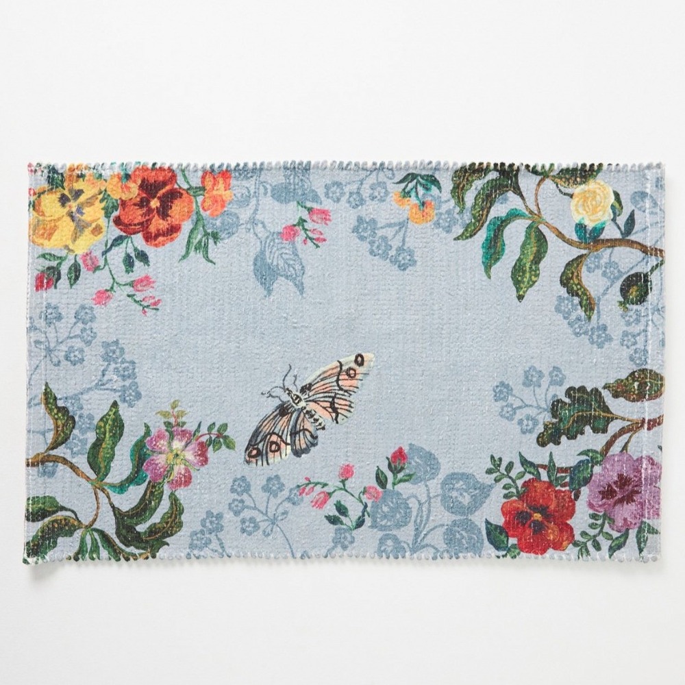 Anthropologie Nathalie Lete Bath Mat Marais Butterfly Blue Floral Bathroom Rug